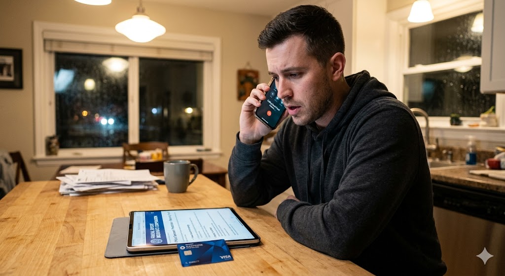 A concerned man sits at a kitchen table at night, calling his bank on his smartphone to report fraud while a tablet displays financial information next to his credit card.