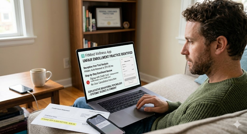 A man sits on a couch looking at his laptop, which displays a detailed warning analysis of the "FitMind Wellness App," alongside highlighted credit card statements showing hidden monthly charges.