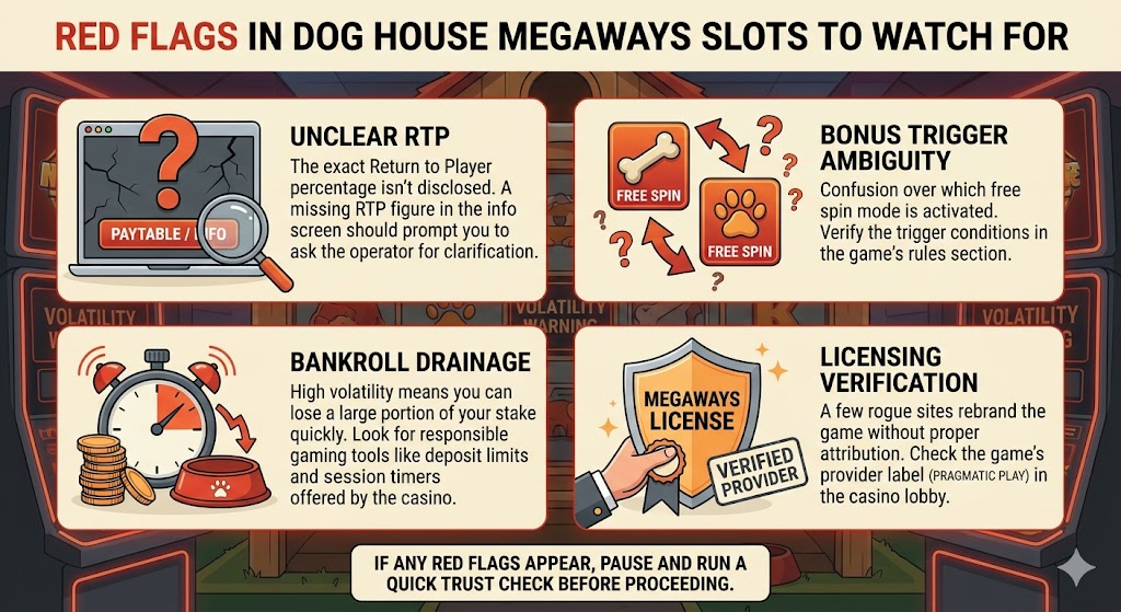An infographic titled "Red Flags in Dog House Megaways Slots to Watch For," illustrating four distinct warning signs with descriptions and icons set against a row of glowing slot machines.
