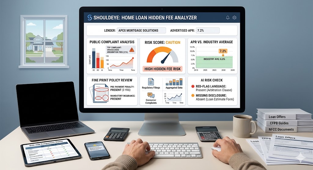 A user's hands type at a keyboard in front of a computer monitor displaying the ShouldEye Home Loan Hidden Fee Analyzer dashboard, surrounded by financial documents and devices.