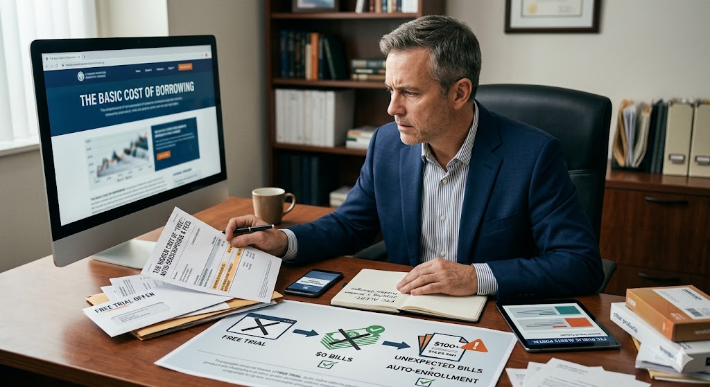 A business professional examines a document highlighting the hidden costs of free trials at a desk with a computer monitor displaying financial terms, a notebook, and diagrams on unexpected billing.