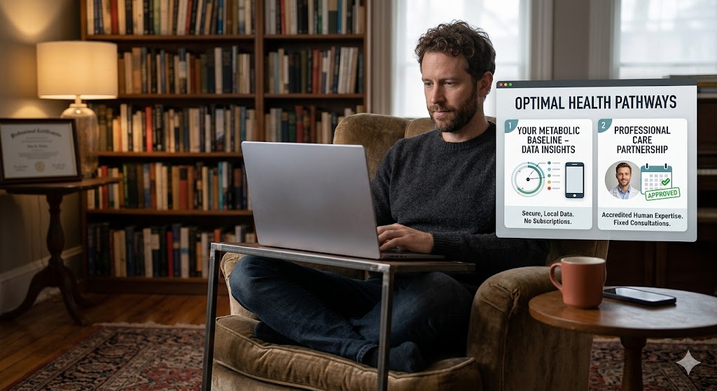 A man sits cross-legged in an armchair working on his laptop, which features an overlay graphic detailing "Optimal Health Pathways" with secure local data or professional consultation as safer alternatives to hidden subscriptions.