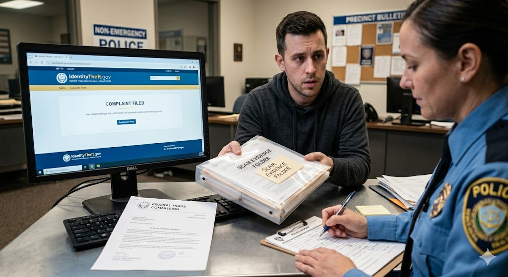 At a police precinct desk, a young man holds up an evidence folder labeled "SCAM EVIDENCE FOLDER" for a female officer to see, while a computer monitor displays the IdentityTheft.gov portal with a "COMPLAINT FILED" confirmation and a Federal Trade Commission document rests on the desk.