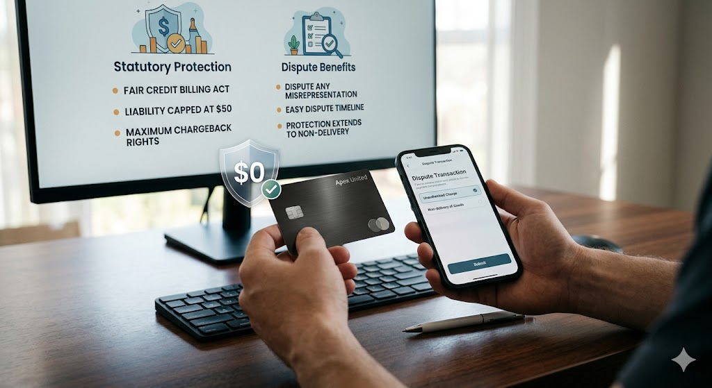 A person holds a credit card and a smartphone displaying a transaction dispute screen in front of a computer monitor that lists statutory protections and zero dollar fraud liability benefits.