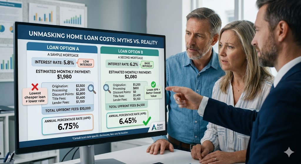 A financial advisor points to a large monitor displaying a comparison of two mortgage loan options to a couple, unmasking home loan myths and hidden fee realities.
