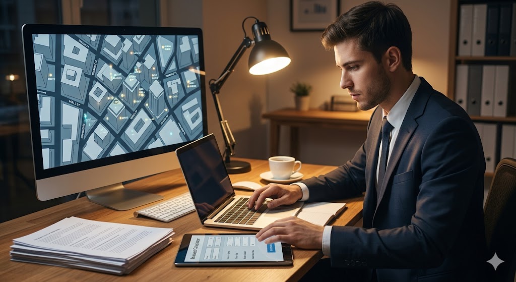A man in a business suit sits at a wooden desk working on a laptop, with an interactive digital screen showing real estate metrics and a tablet displaying an interest calculator nearby.