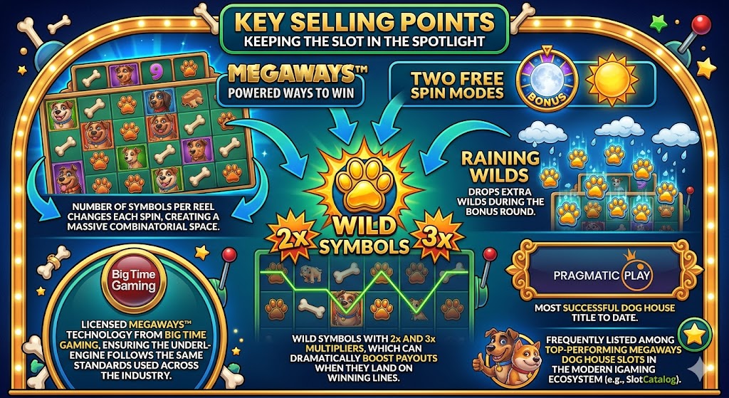 A vibrant, casino-style infographic detailing the key selling points of the "Dog House Megaways" slot game by Pragmatic Play, featuring illustrations of dog characters, slot reels, and bonus features.