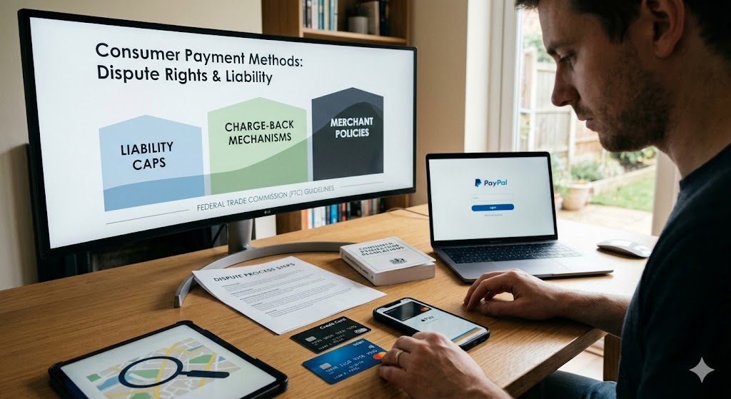 A man works at a desk looking at a computer screen that displays consumer payment dispute rights and liability information, with a laptop showing a PayPal login page nearby.