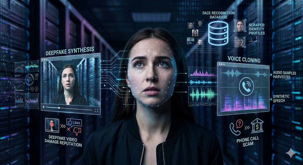 A woman looks on anxiously as digital interfaces surrounding her illustrate the weaponization of her scraped face and voice data into deepfakes, voice cloning scams, and facial recognition databases within a dark server room.