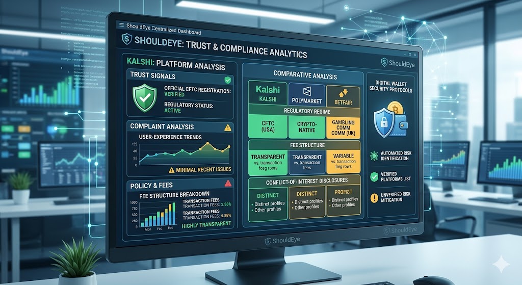 A dashboard on a computer monitor displays trust and compliance analytics for Kalshi, comparing its regulatory regime, fees, and disclosures against Polymarket and Betfair.