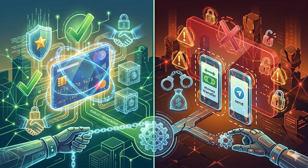 A split-screen futuristic conceptual graphic featuring glowing green credit card holograms with robust security frameworks on the left, contrasting with a dark orange digital landscape of vulnerable mobile payment transfers on the right.