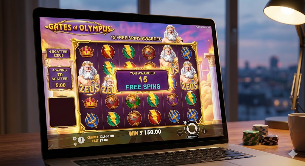A laptop screen displaying the Gates of Olympus slot game interface on a wooden desk, showing an unlocked bonus round message reading "YOU AWARDED 15 FREE SPINS" with four Zeus scatter symbols visible on the reels.