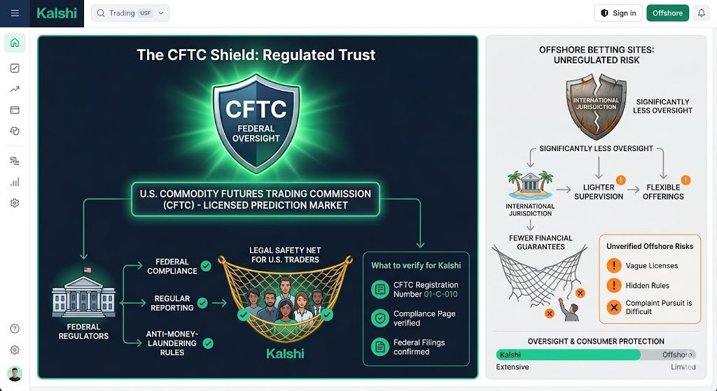 A split-screen infographic comparing the high federal regulation of Kalshi to the unregulated risks of offshore betting sites.