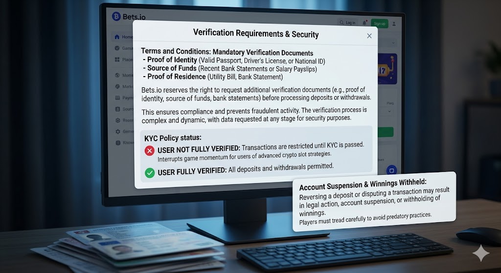 A computer monitor displays a Bets.io verification window detailing mandatory document requirements and KYC status next to an account suspension warning, with physical identification papers resting on the desk.
