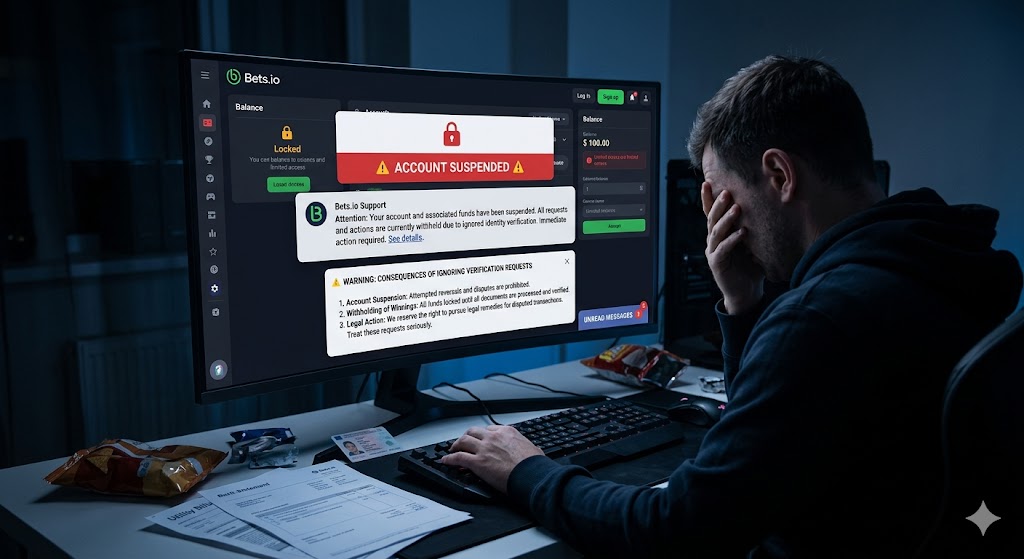 A man sits at a desk in a dark room, covering his face in distress while looking at a computer monitor displaying an "ACCOUNT SUSPENDED" warning message on the Bets.io website. Bills and an ID card are scattered on the desk.