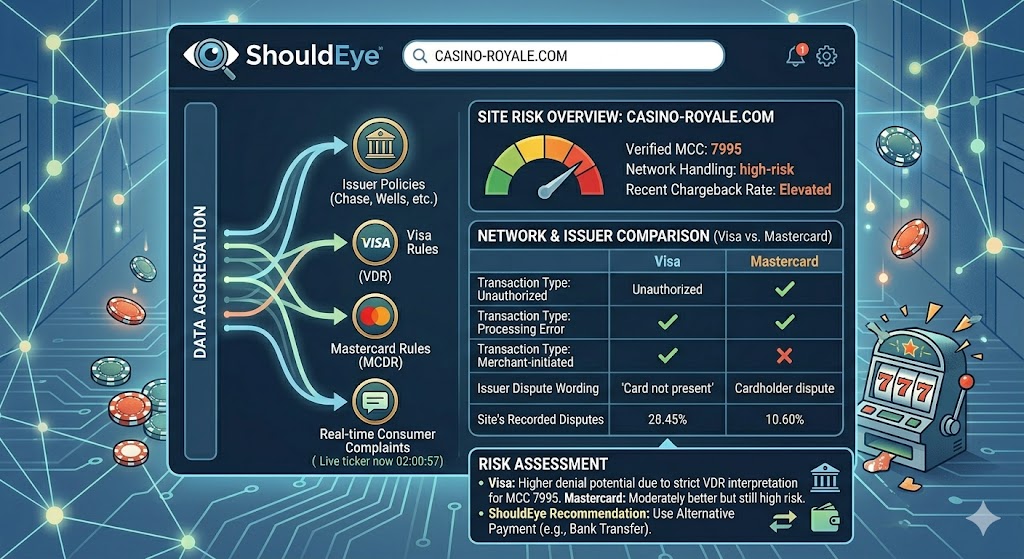 A digital interface infographic for "ShouldEye," displaying a risk overview for "CASINO-ROYALE.COM"