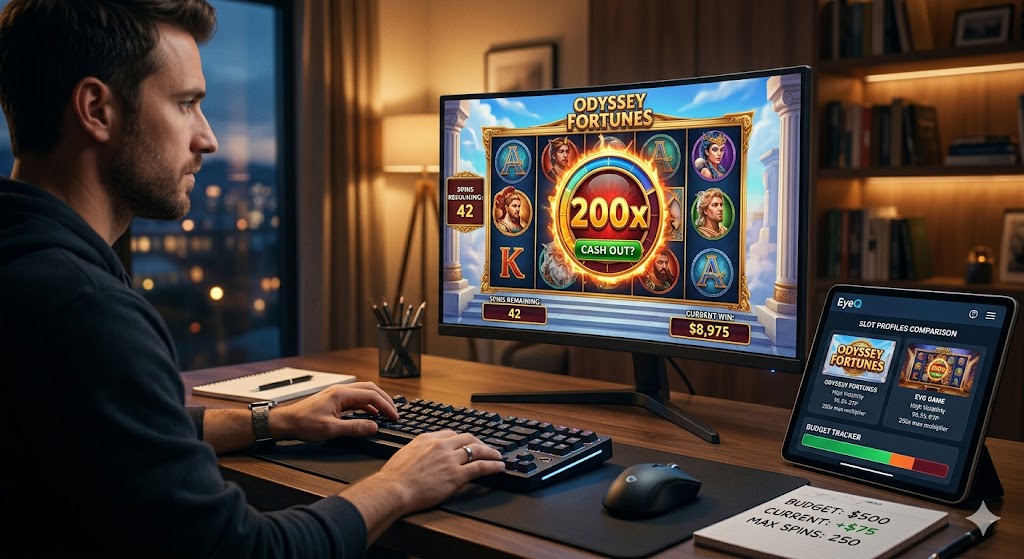 A man sits at a desk looking at a computer monitor displaying an online slot game with a large 200x multiplier wheel on screen, next to a tablet showing a slot comparison app and a notepad with budget tracking notes.
