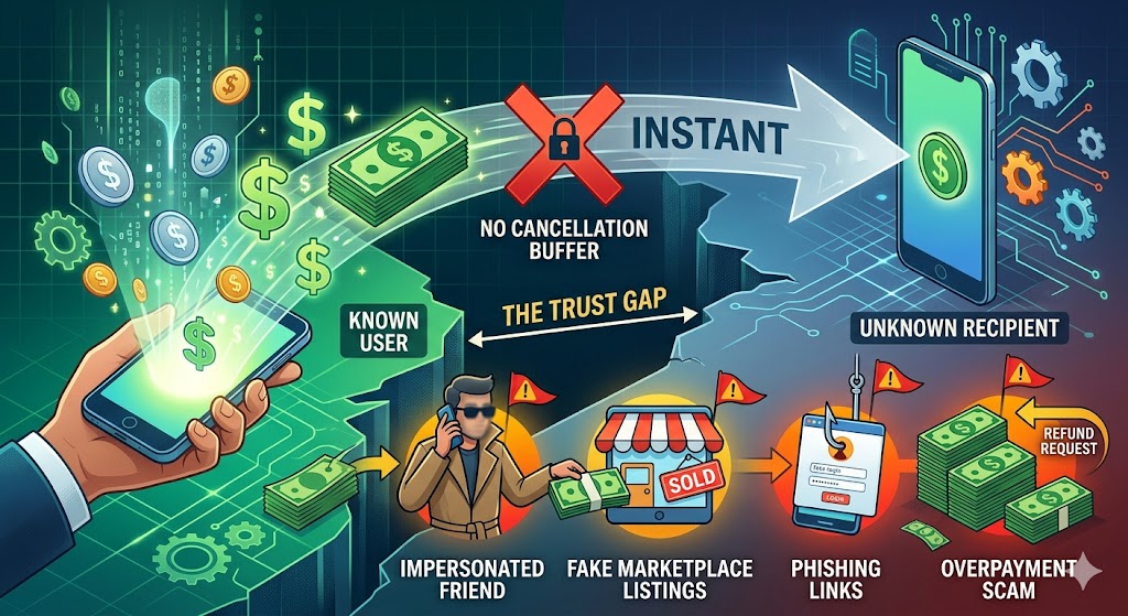 A futuristic graphic illustration visualizing various P2P payment scams across a digital gap between known and unknown users.