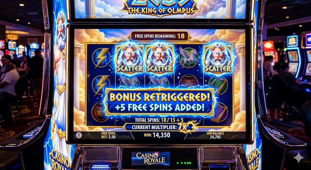 A close-up of a Zeus-themed slot machine screen in a casino displaying a "BONUS RETRIGGERED! +5 FREE SPINS ADDED!" message with three Zeus scatter symbols.