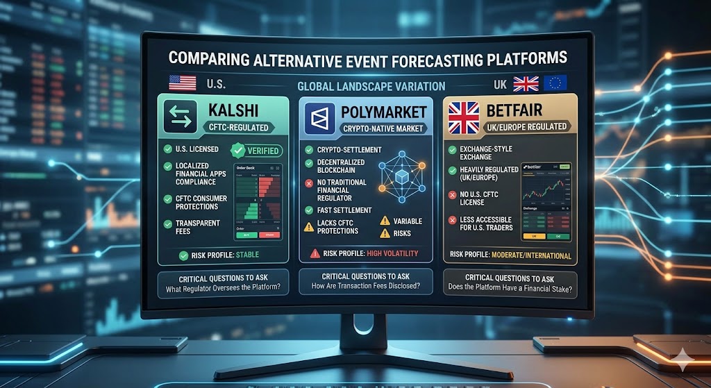 A curved monitor displays an infographic comparing the Kalshi, Polymarket, and Betfair event forecasting platforms, highlighting their unique regulatory, operational, and risk profiles.