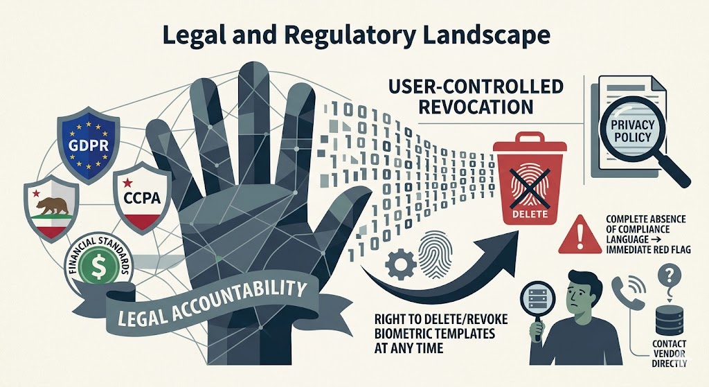 An infographic titled "Legal and Regulatory Landscape" illustrating biometric cybersecurity compliance, featuring regulatory badges like GDPR and CCPA, a hand scanner icon, a user-controlled deletion mechanism, and vendor contact guidelines.