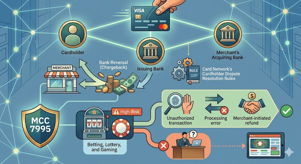 An infographic illustrating the three-party relationship of card payments, the bank reversal process under MCC 7995 for gambling, and the three valid pathways for a dispute.