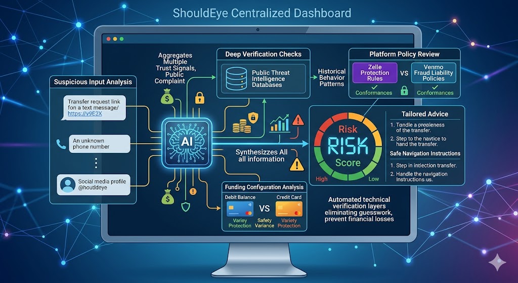 A digital infographic on a monitor displaying the ShouldEye Centralized Dashboard, which uses AI to analyze suspicious inputs, check threat databases, review payment policies, and provide a clear fraud risk score.