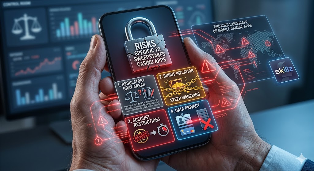 Smartphone showing sweepstakes risks: regulatory gray areas, bonus inflation, and data privacy.