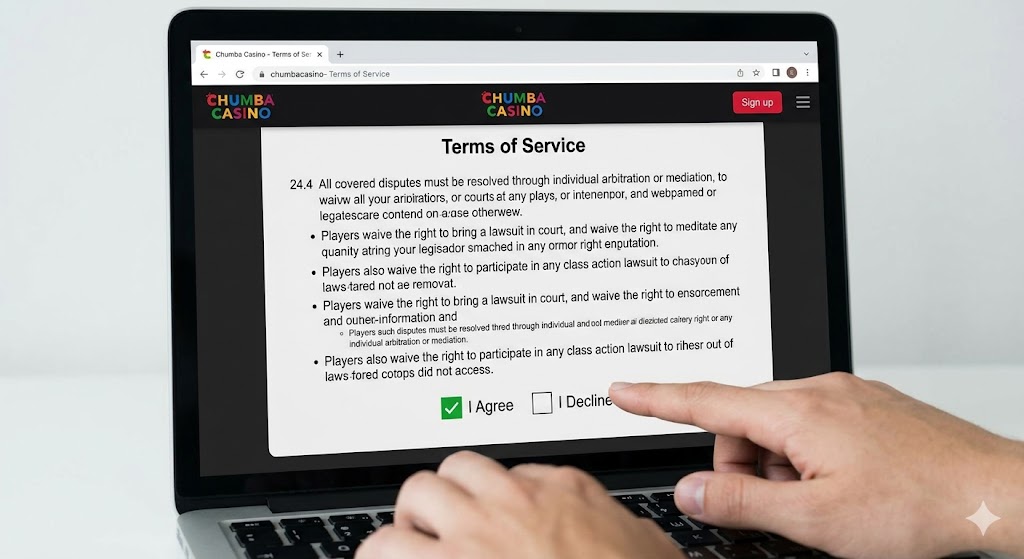 Hands over a laptop keyboard pointing at Chumba Casino's online agreement check boxes on screen.