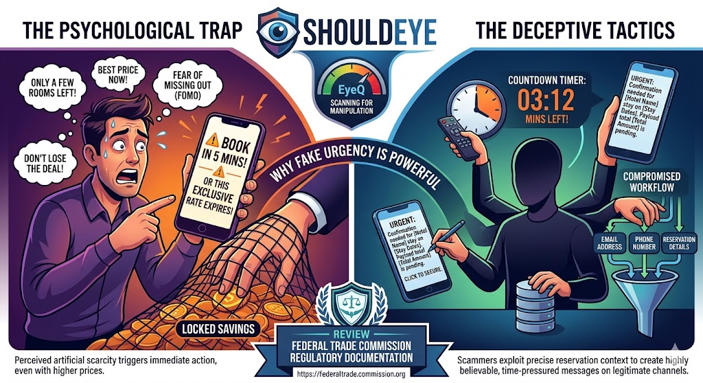 Infographic illustrating the psychological trap and deceptive tactics of booking urgency scams.