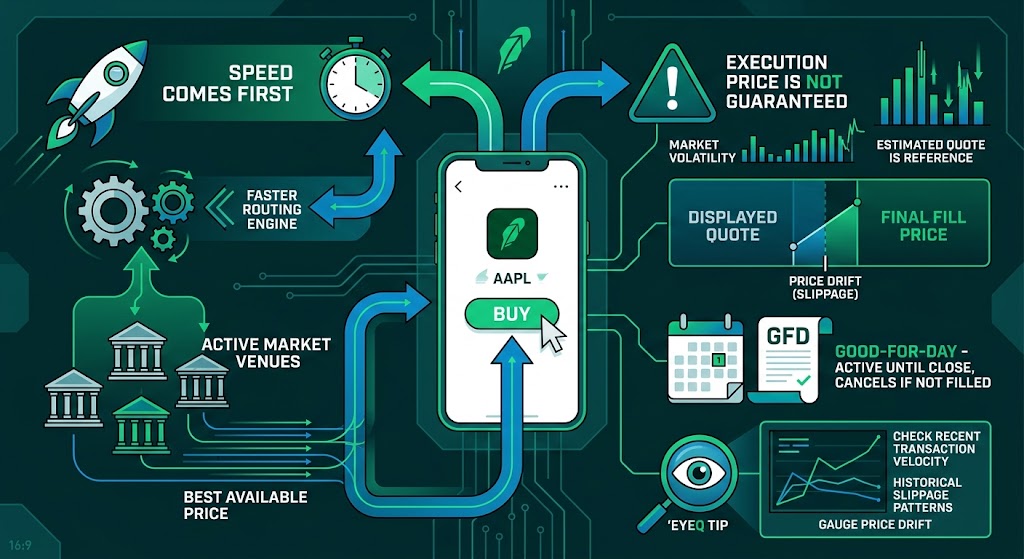 Diagram of Robinhood market orders showing fast routing, price slippage, and GFD rules.