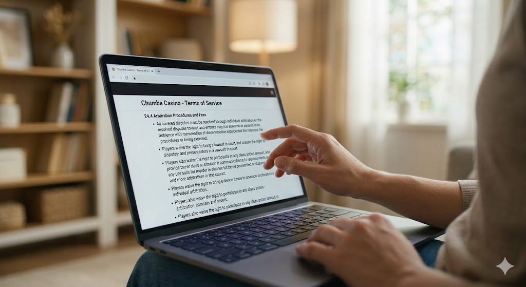 A person scrolls through Chumba Casino's Terms of Service on a laptop screen, highlighting section 24.4.
