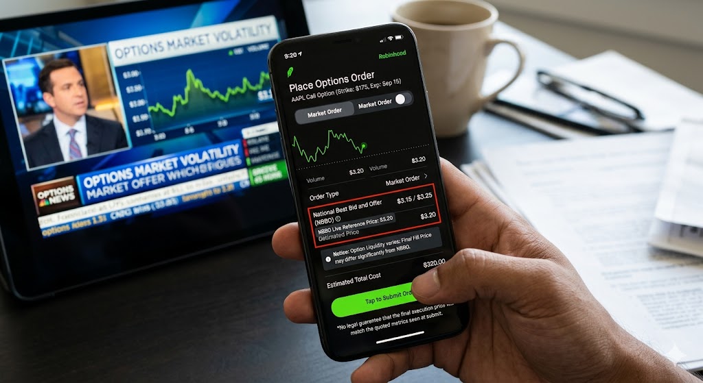 Hand holding a phone displaying a Robinhood options market order with NBBO reference pricing metrics.