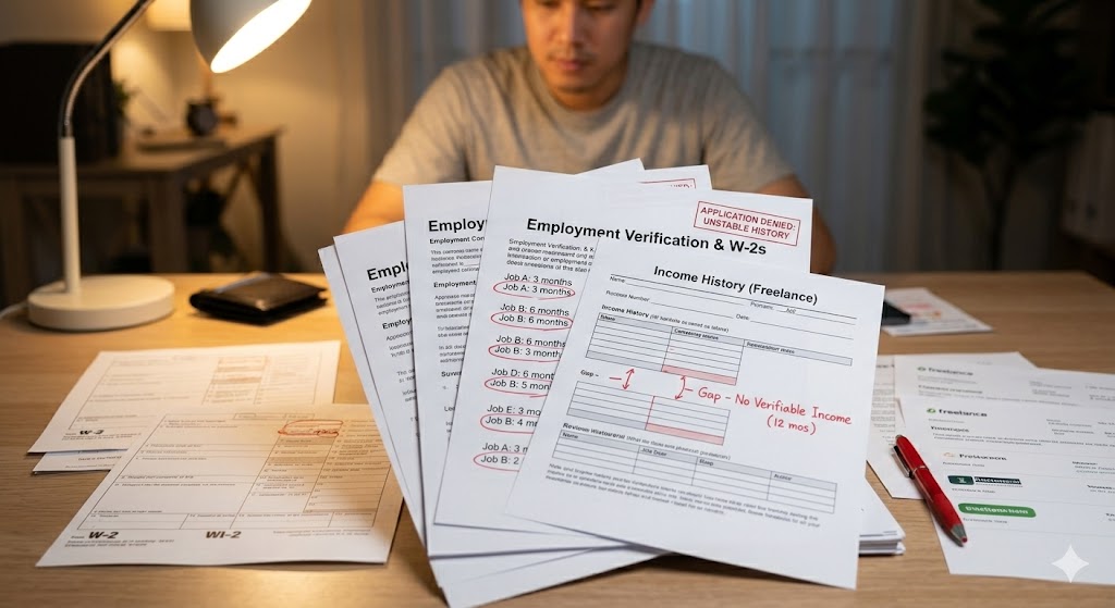 Employment verification forms showing short job durations and a large gap with no verifiable income.