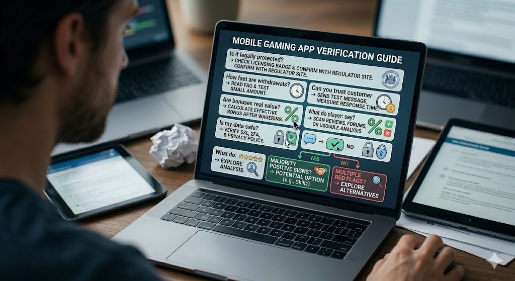 Man using a laptop displaying a mobile gaming verification checklist for apps and sweepstakes.