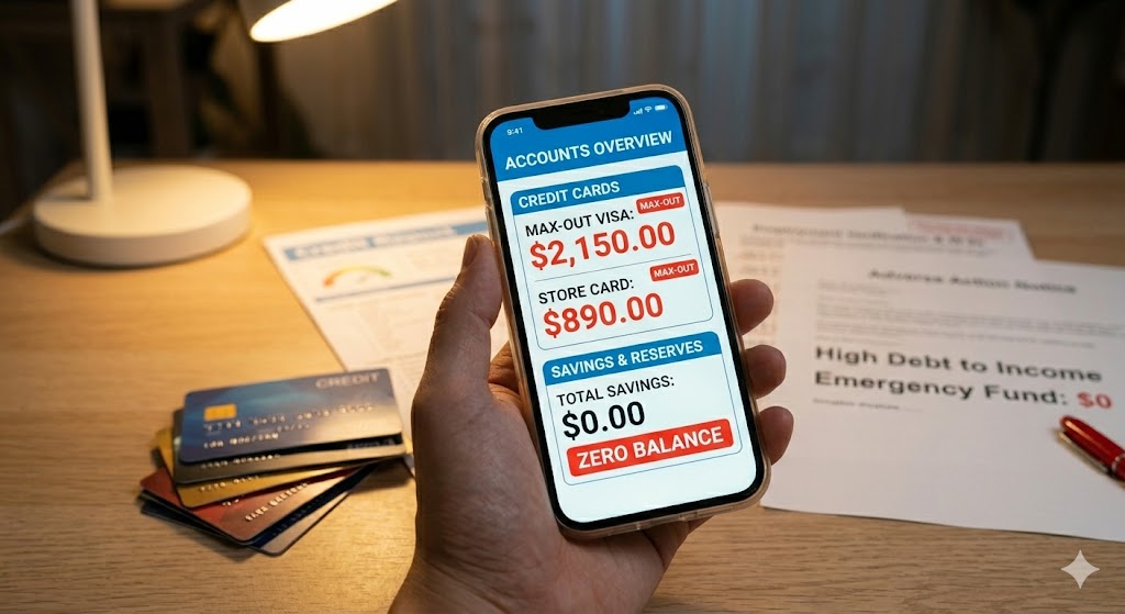 Mobile app screen showing maxed-out credit card balances and zero dollars in total savings.
