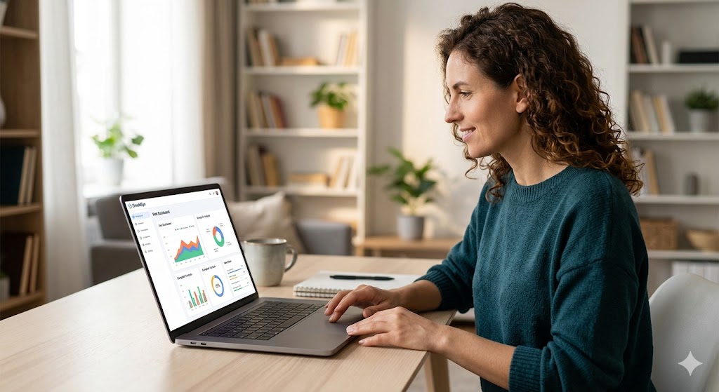 A smiling woman with curly hair views a financial dashboard on her laptop at a home desk.