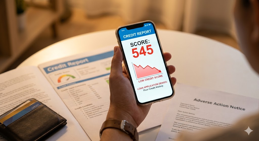Smartphone screen displaying a low credit score of 545 and a loan denial message.