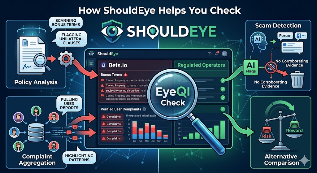 Infographic showing the ShouldEye platform using AI scam detection and policy analysis for an EyeQ check.