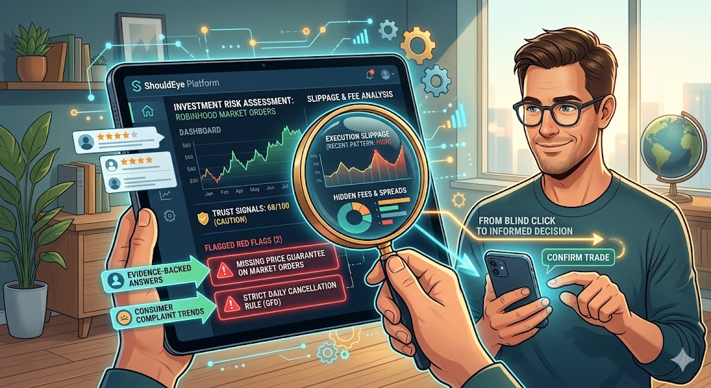 Investor analyzing a ShouldEye risk assessment of Robinhood market orders on a digital tablet.