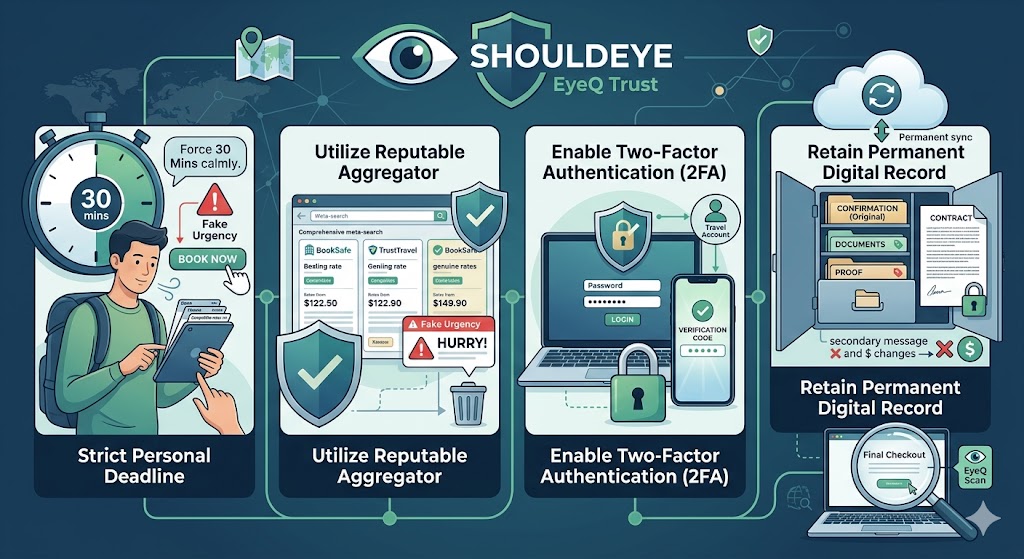 An infographic showing four practical tips for a safer online hotel booking process with EyeQ.