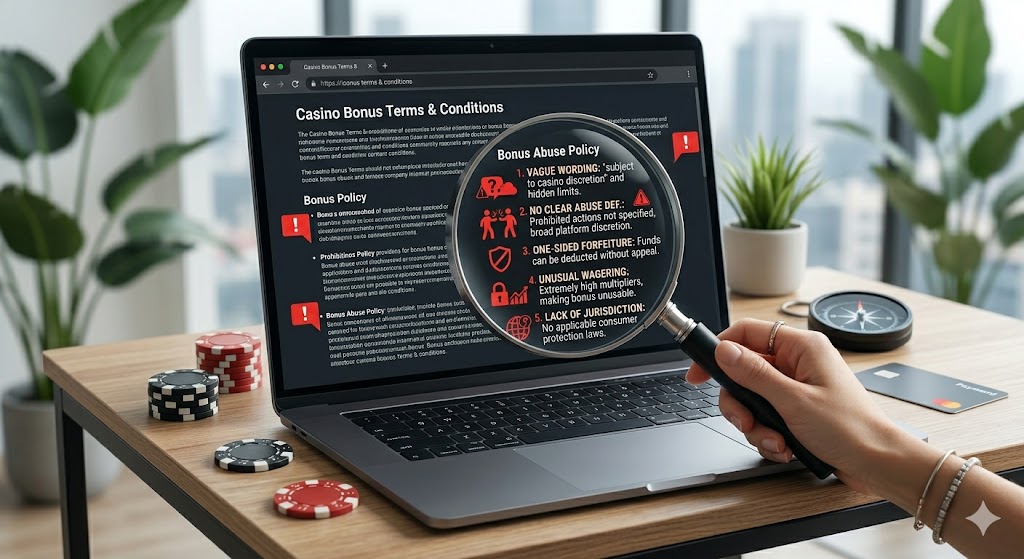 Magnifying glass over a laptop screen detailing casino bonus terms red flags, with poker chips nearby.