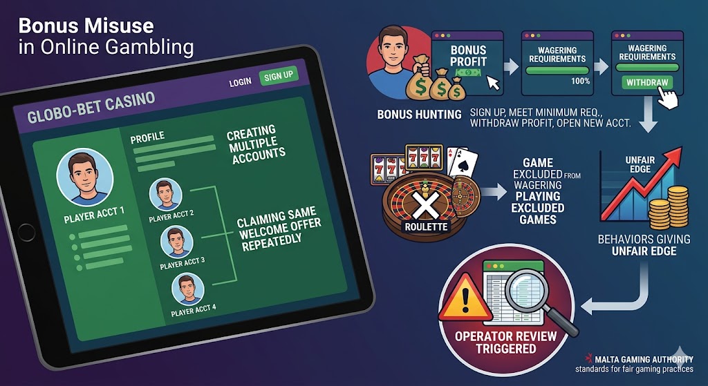 An infographic breaking down the core methods of online casino bonus misuse that trigger operator compliance reviews.