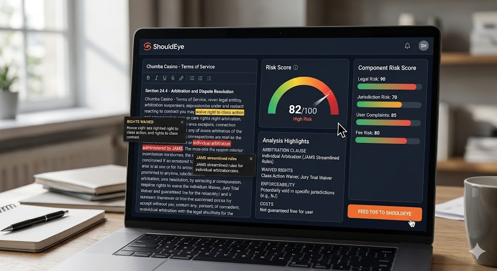 A laptop displaying the ShouldEye dashboard with a high risk score analysis of a casino contract.