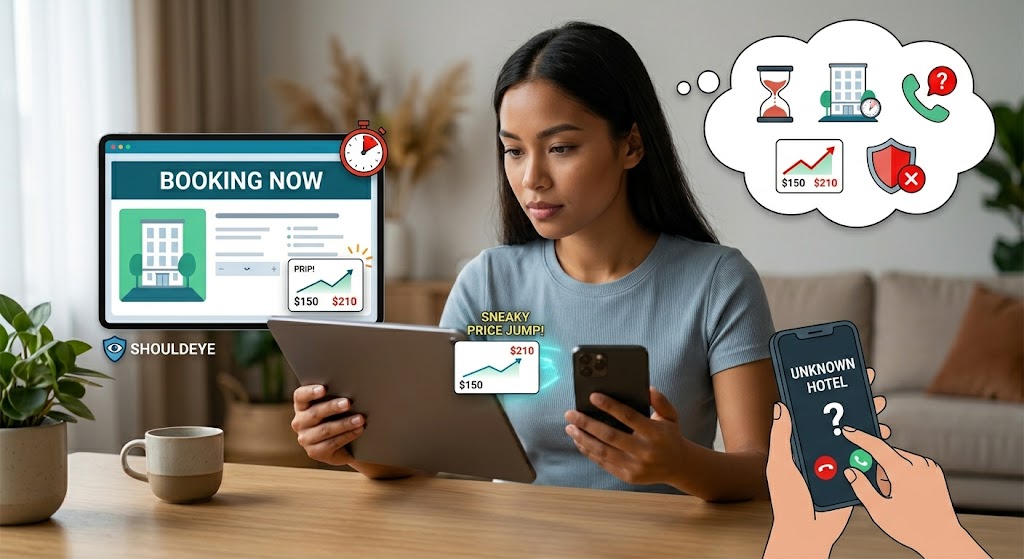 A woman spotting hotel booking red flags like price jumps and pressure tactics on her tablet.