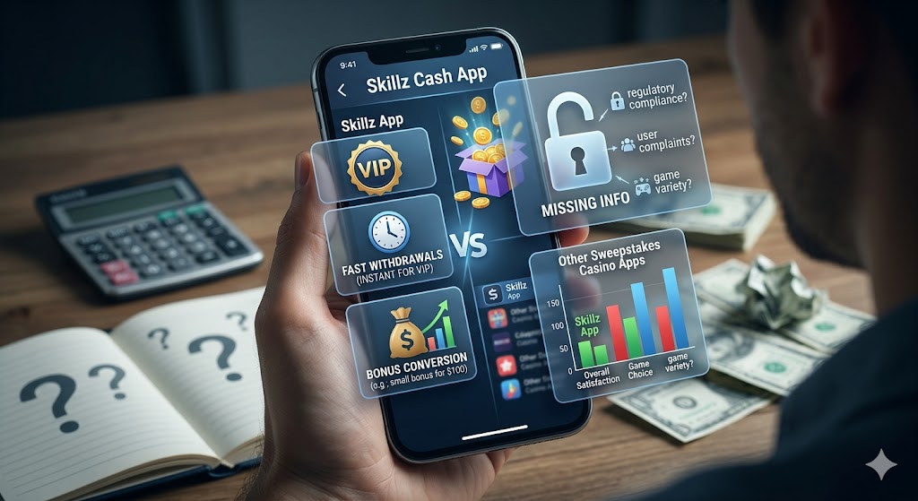 User comparing Skillz app vs sweepstakes on phone screen; charts show missing data and low scores.
