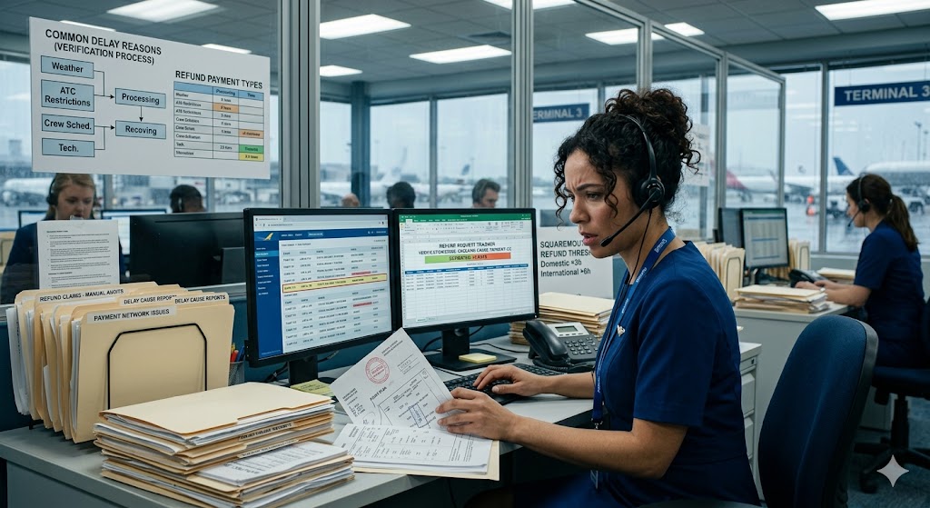 An airline customer service agent looking stressed at her desk while reviewing manual flight delay logs and payment network audit spreadsheets with planes outside.