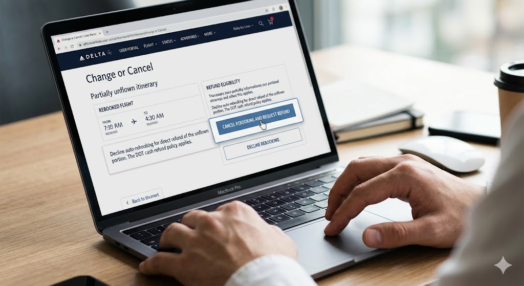 A person using a laptop to navigate the Delta Air Lines user portal, hovering a cursor over a button to cancel a rebooked flight and request a direct cash refund.