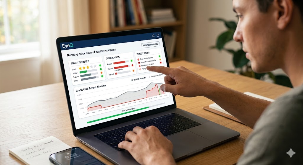 A man points at his laptop screen displaying an EyeQ dashboard that analyzes trust signals, complaints, policy risks, and a credit card refund timeline for a third-party company.
