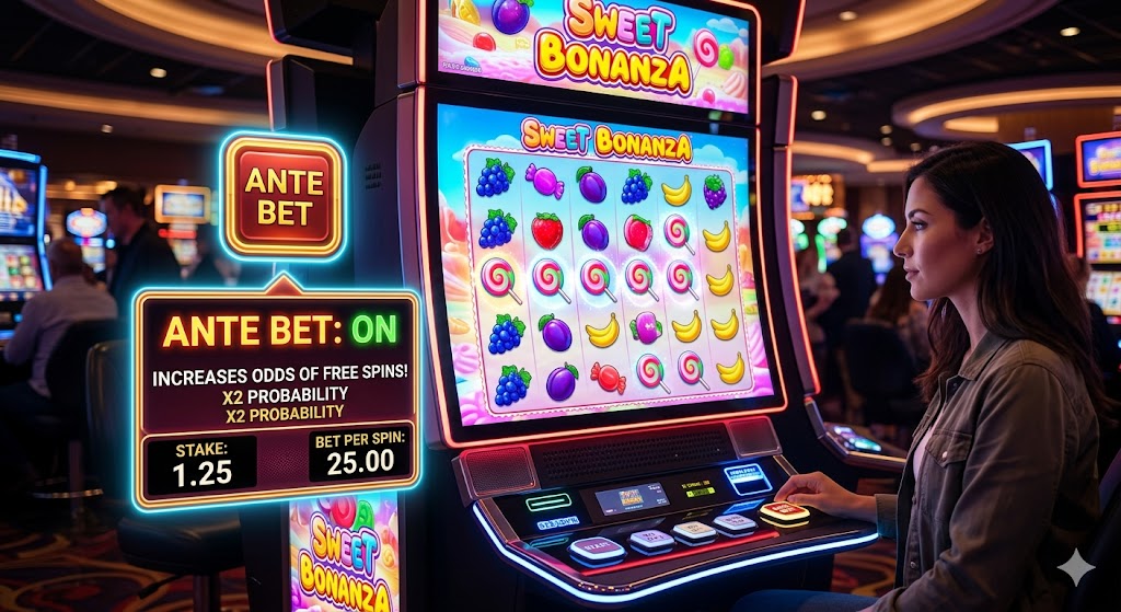 A woman plays a Sweet Bonanza slot machine with an active "ANTE BET: ON" display showing increased free spin odds.